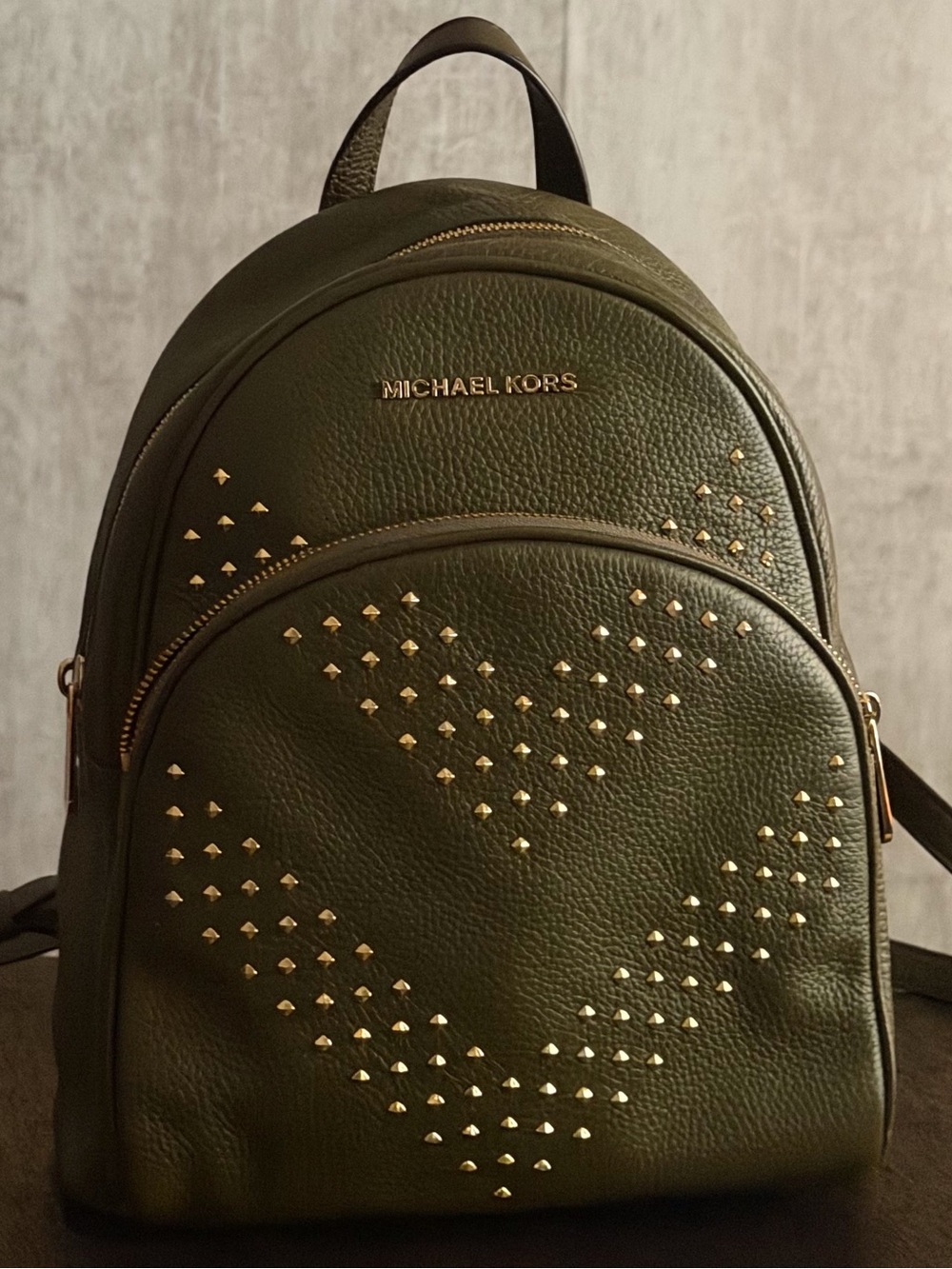 Michael Kors Abbey Medium Studded Leather Backpack Olive Green Gold Handbag